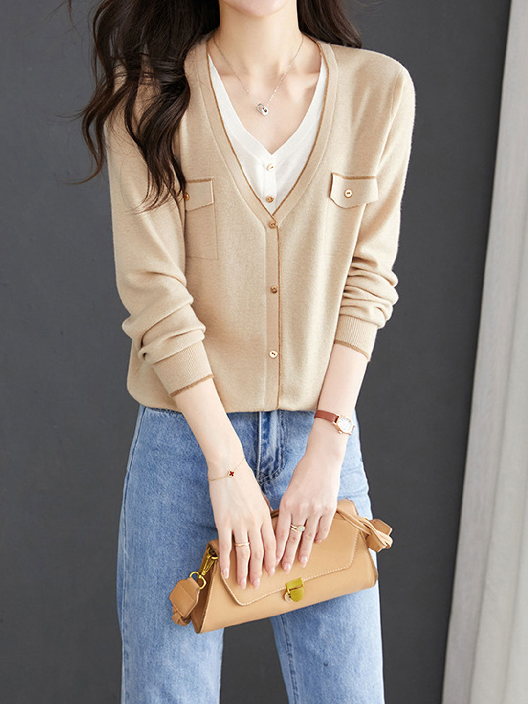 Olivia Loose V-Neck Mock Two-Piece Knitted Cardigan