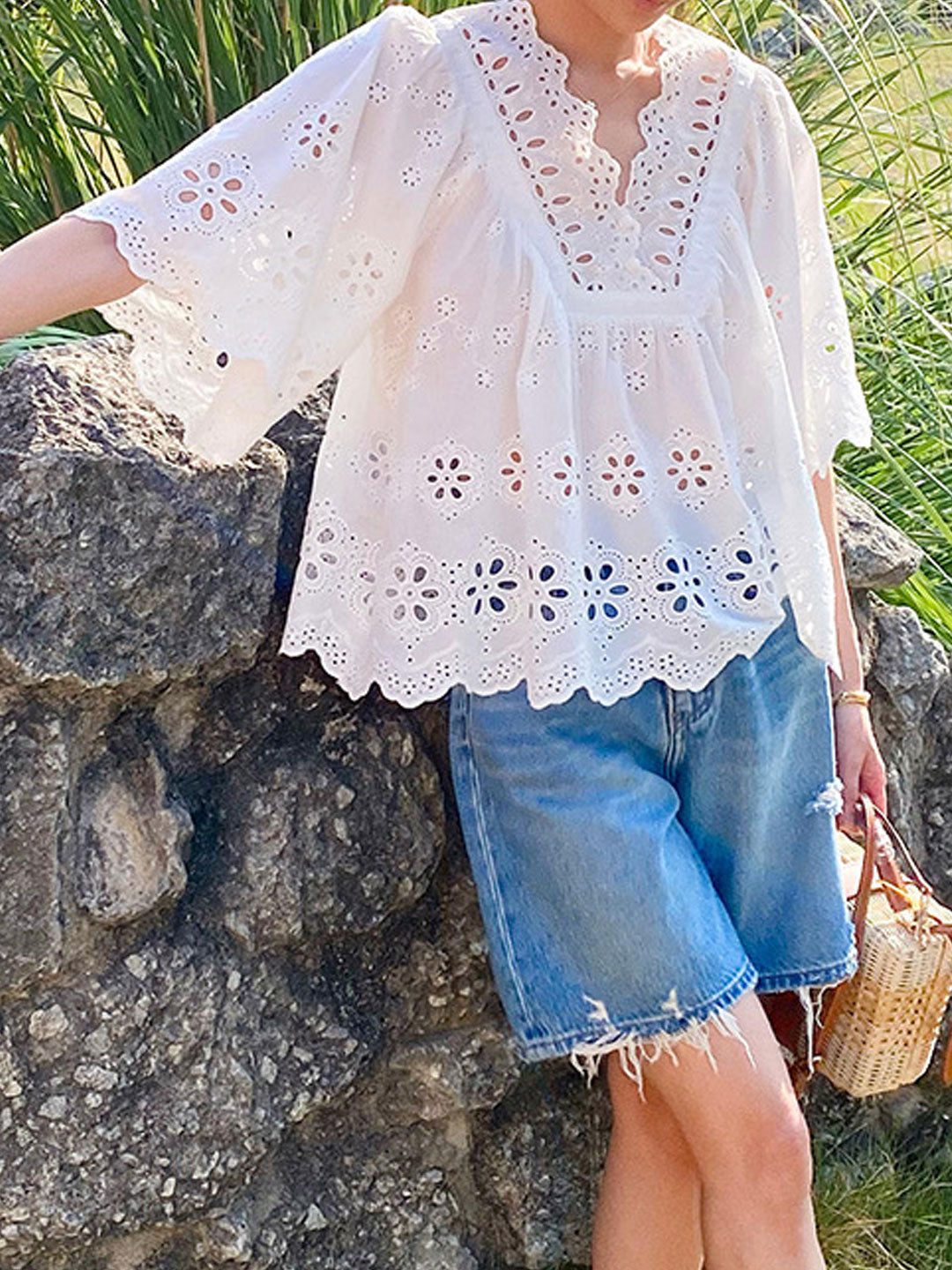 Aaliyah Loose V-Neck Embroidered Hollowed Blouse