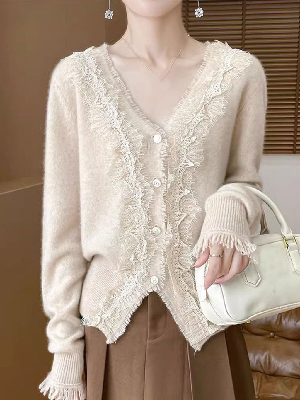 Emma Elegant V-Neck Lace Knitted Cardigan-White