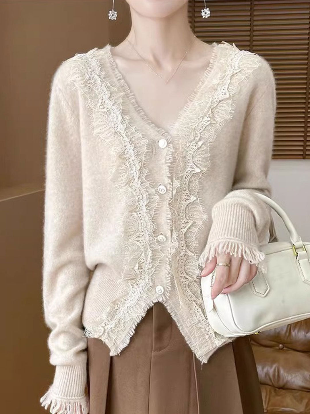 Emma Elegant V-Neck Lace Knitted Cardigan-White