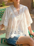 Aaliyah Loose V-Neck Embroidered Hollowed Blouse