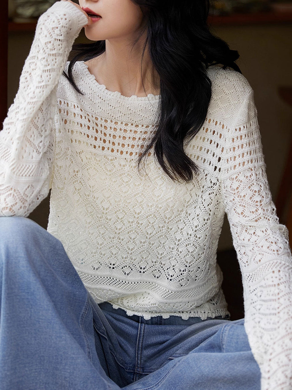 Mia Loose Crew Neck Hollowed Jacquard Knitted Top