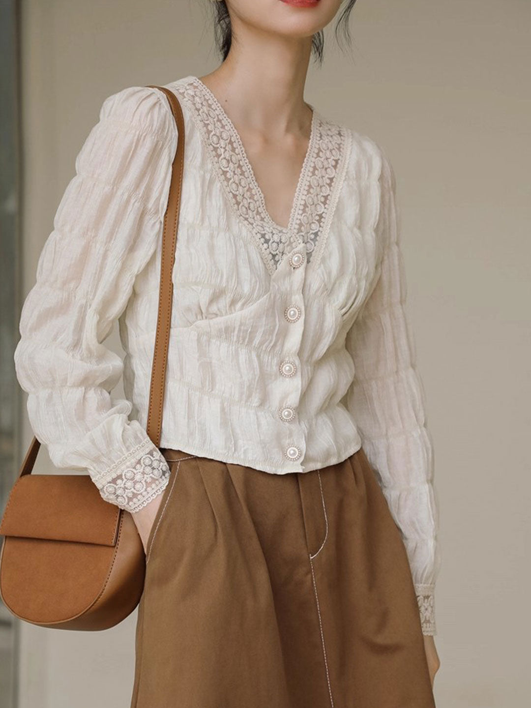 Ava Vintage V-Neck Latern Sleeve Lace Chiffon Blouse