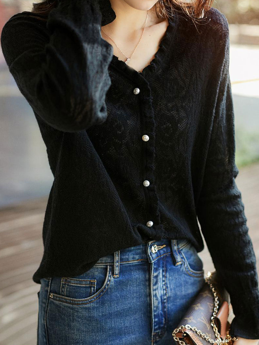 Anna Retro V-Neck Auricular Lace Jacquard Knitted Top