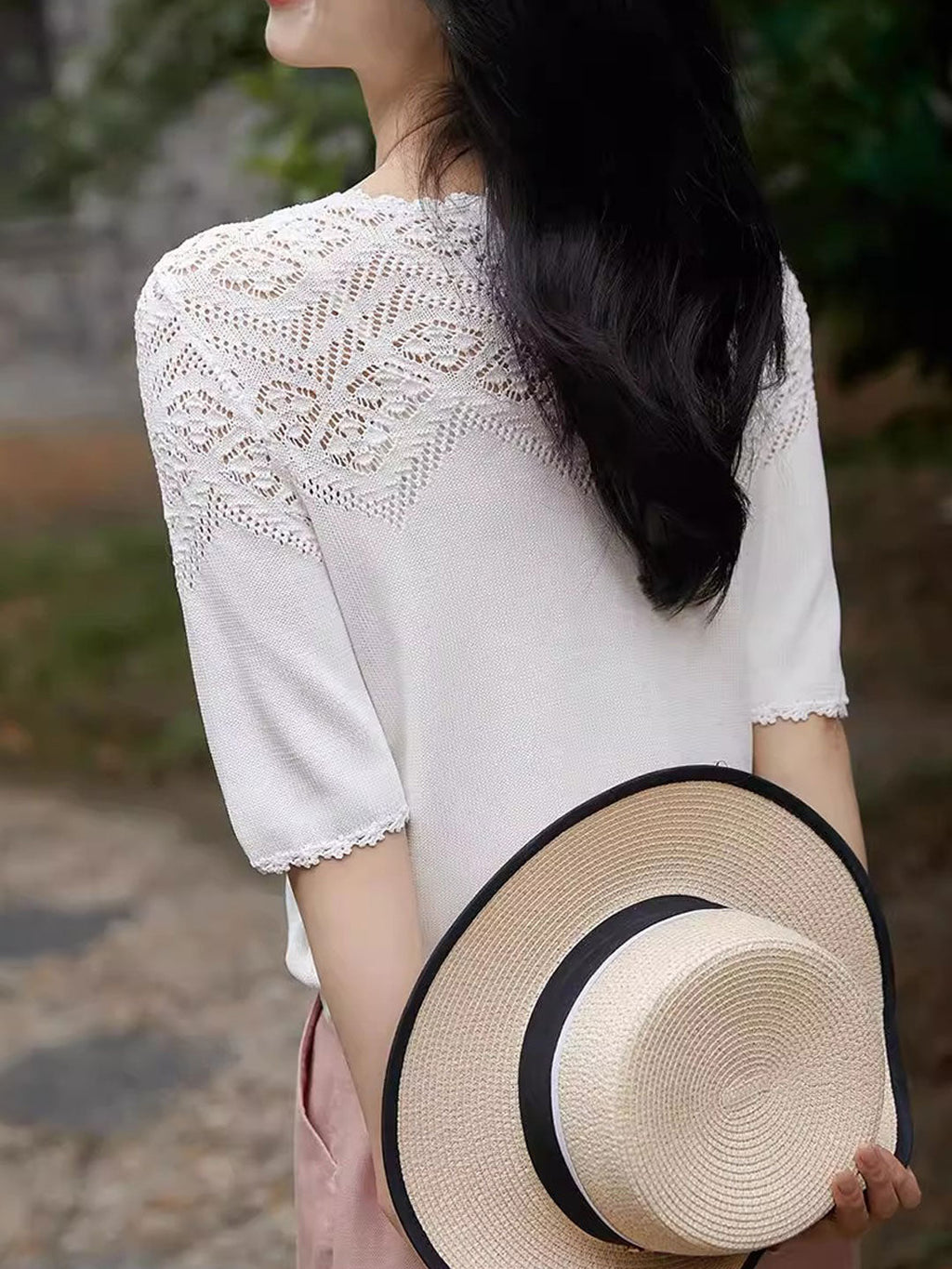 Ella Daily Crew Neck Hollowed Crochet Top