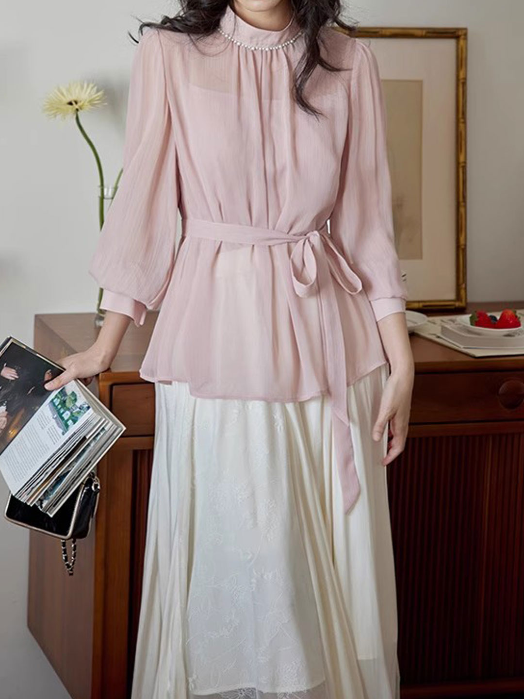 Claire Elegant Solid Color Pearl Top