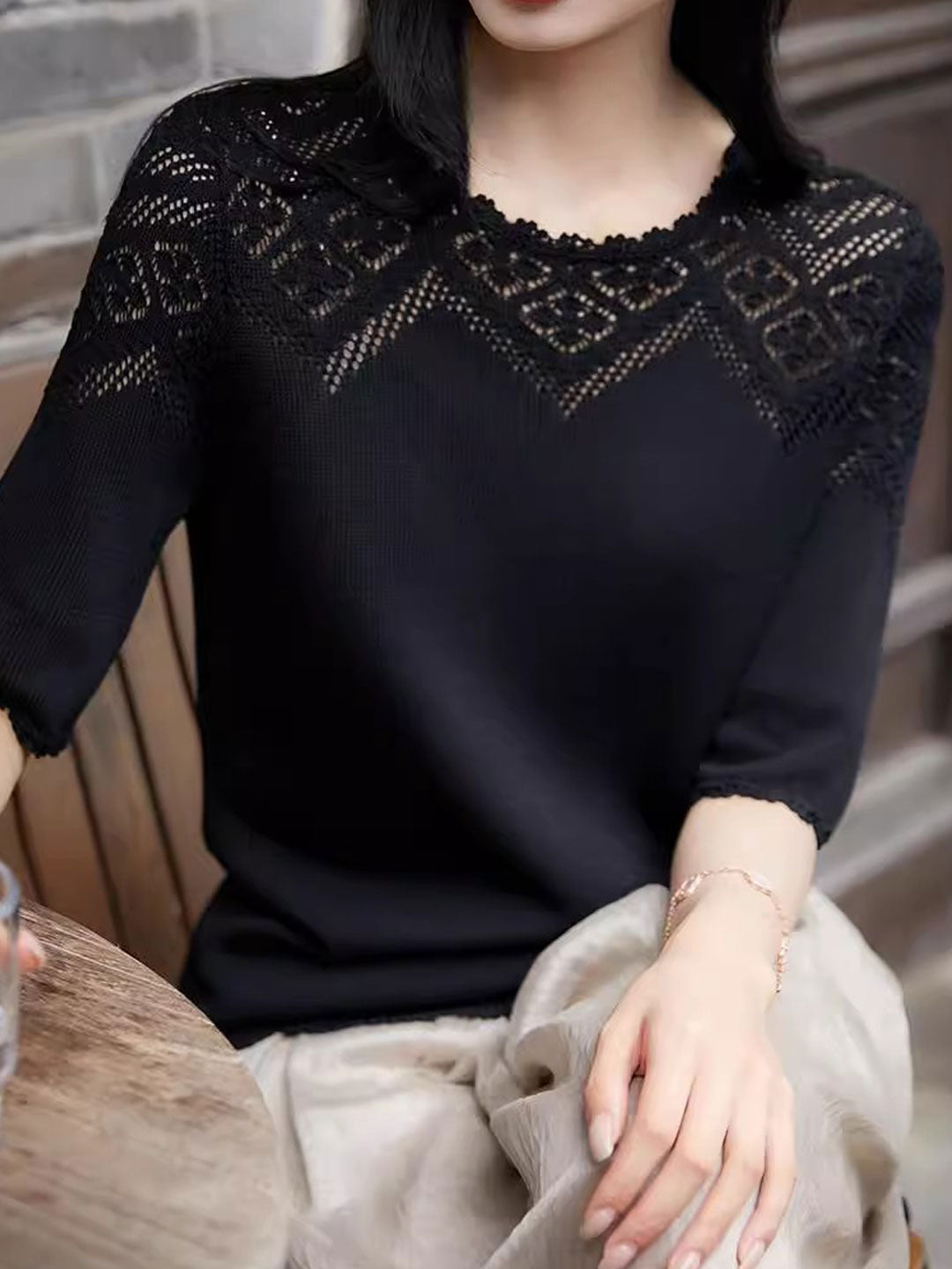 Ella Daily Crew Neck Hollowed Crochet Top