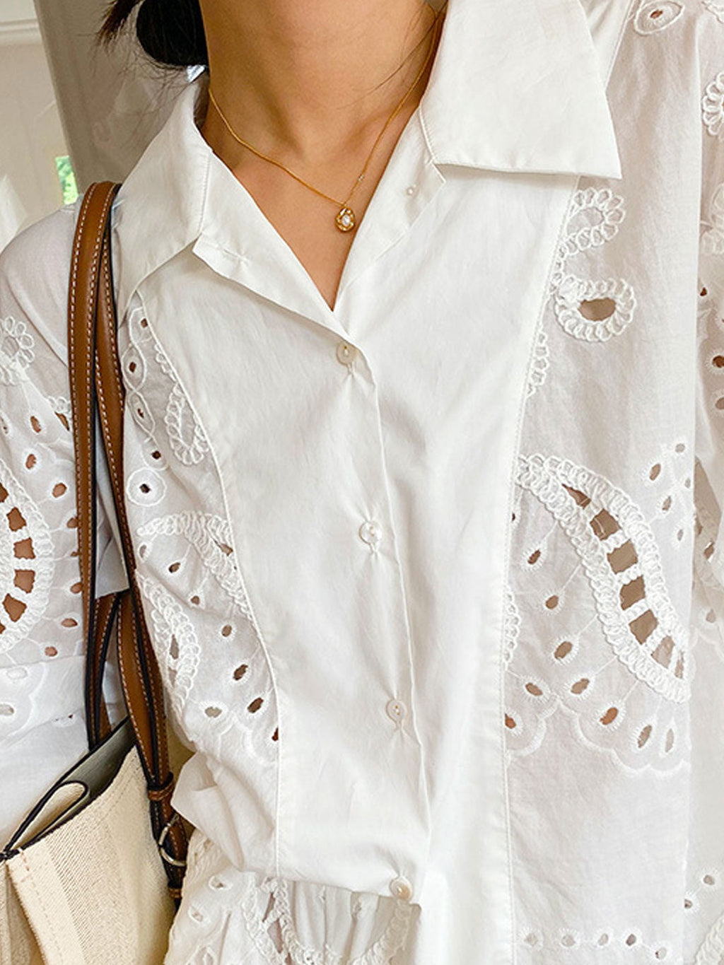 Jocelyn Loose Lapel Lantern Sleeve Embroidered Shirt