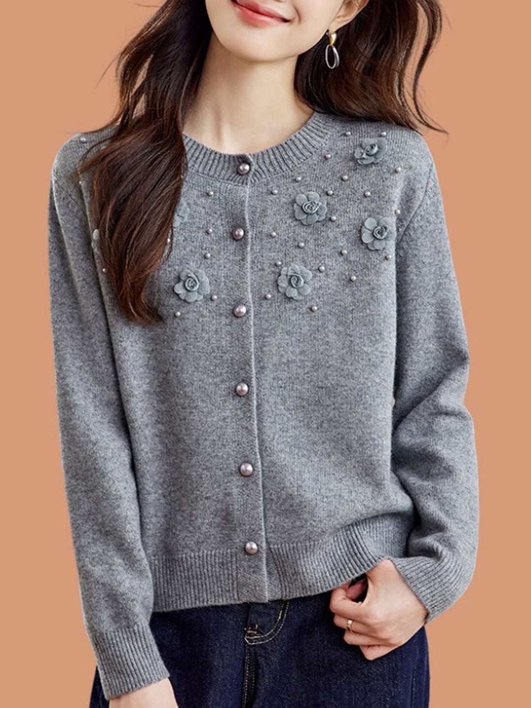 Aaliyah Classic Crew Neck Beaded Knitted Cardigan