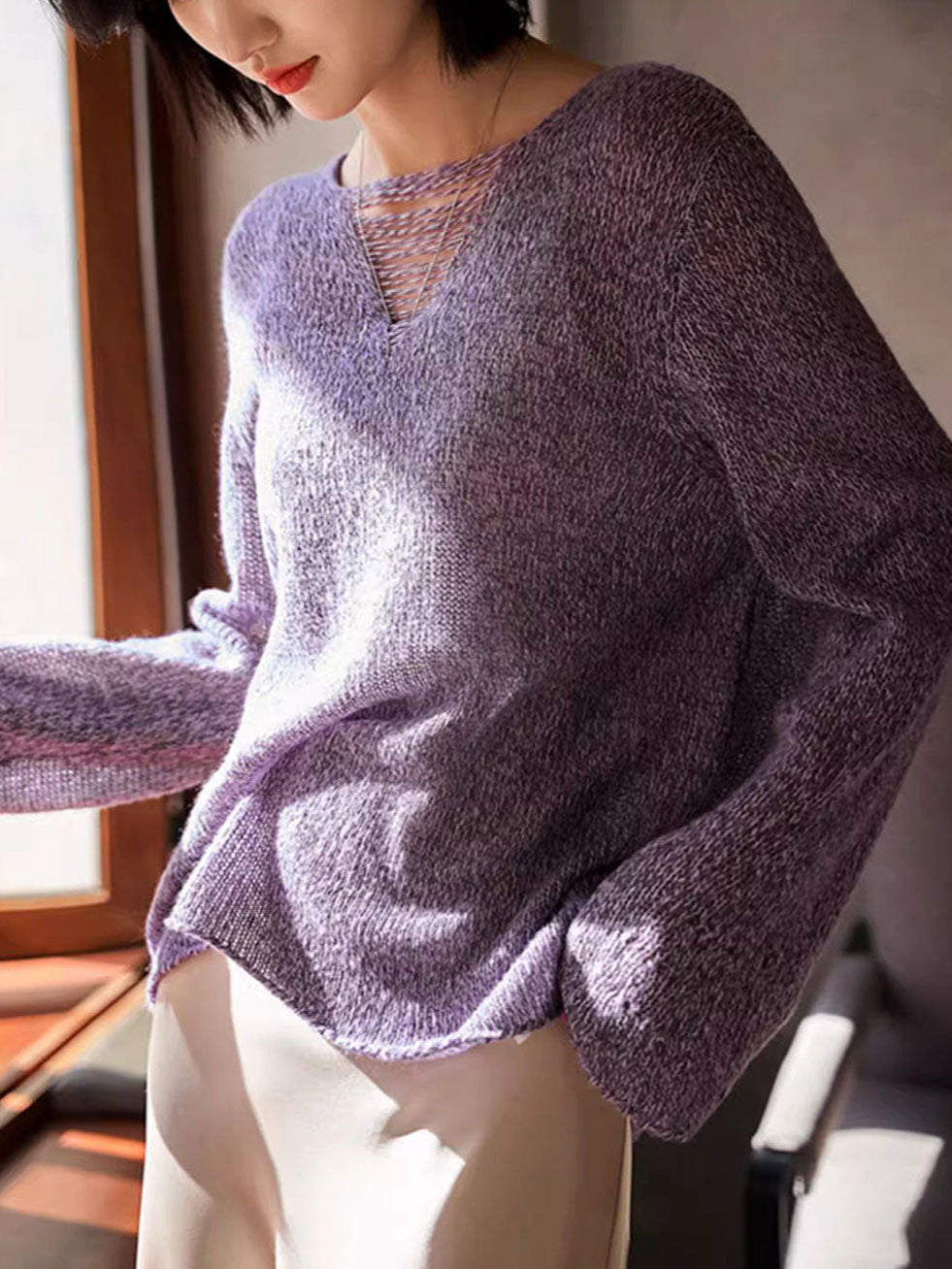 Mia Casual Crew Neck Hollow Knitted Top