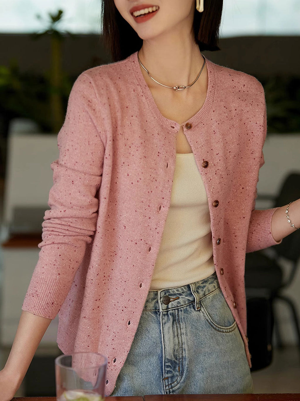 Grace Classic Crew Neck Solid Color Knitted Cardigan