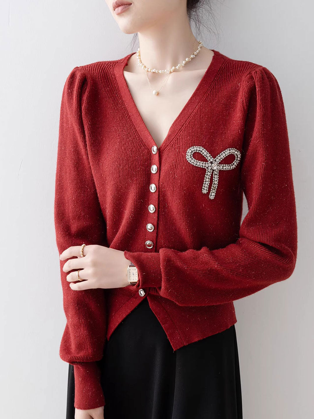 Natalie Elegant V-Neck Diamond-Studded Knitted Top